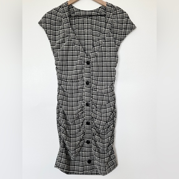 Ganni Ruched Seersucker Mini Dress In Plaid Print SZ 38/6 212 - Picture 2 of 11